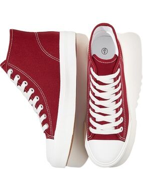 Women's Wine Red Lace Up White Canvas High Tops Fashion Sneakers Casual Shoes